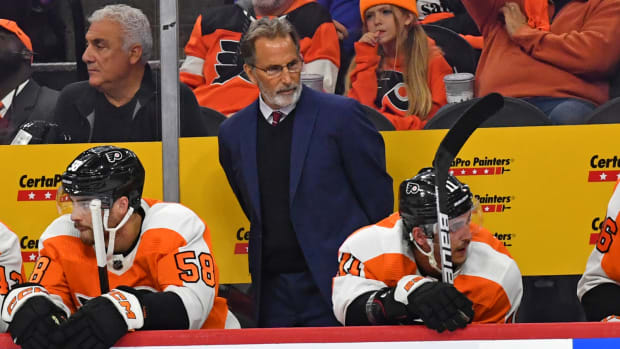 Oct 13, 2022; Philadelphia, Pennsylvania, USA; Philadelphia Flyers head coach John Tortorella behind the bench against the New Jersey Devils at Wells Fargo Center.